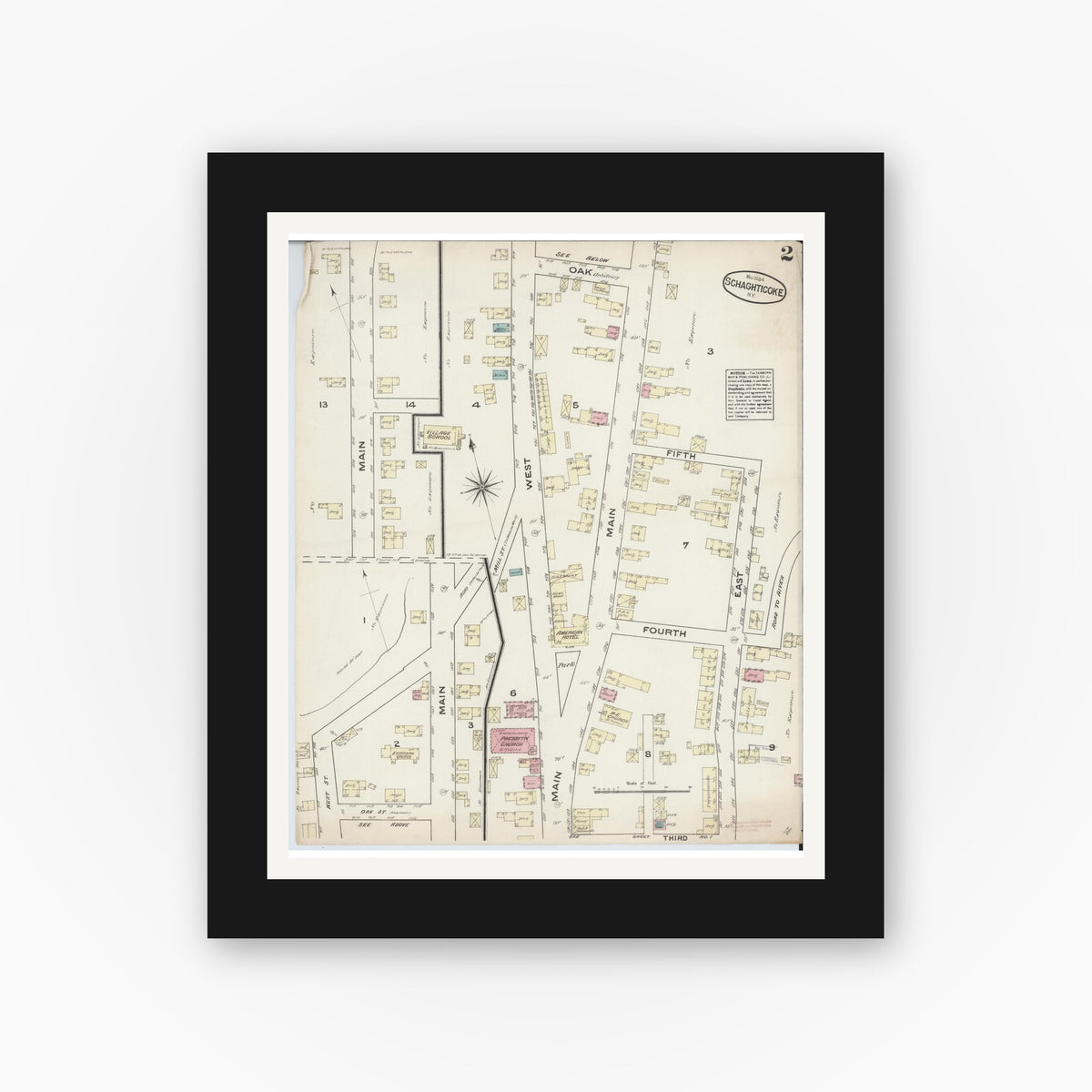 Old map wall art mockup — black gallery frame with white mat — Sanborn Fire Insurance Map from Schaghticoke, Rensselaer County, New York (1884), Sheet #0002