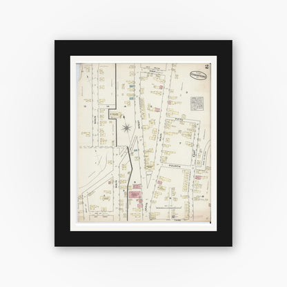 Old map wall art mockup — black gallery frame with white mat — Sanborn Fire Insurance Map from Schaghticoke, Rensselaer County, New York (1884), Sheet #0002