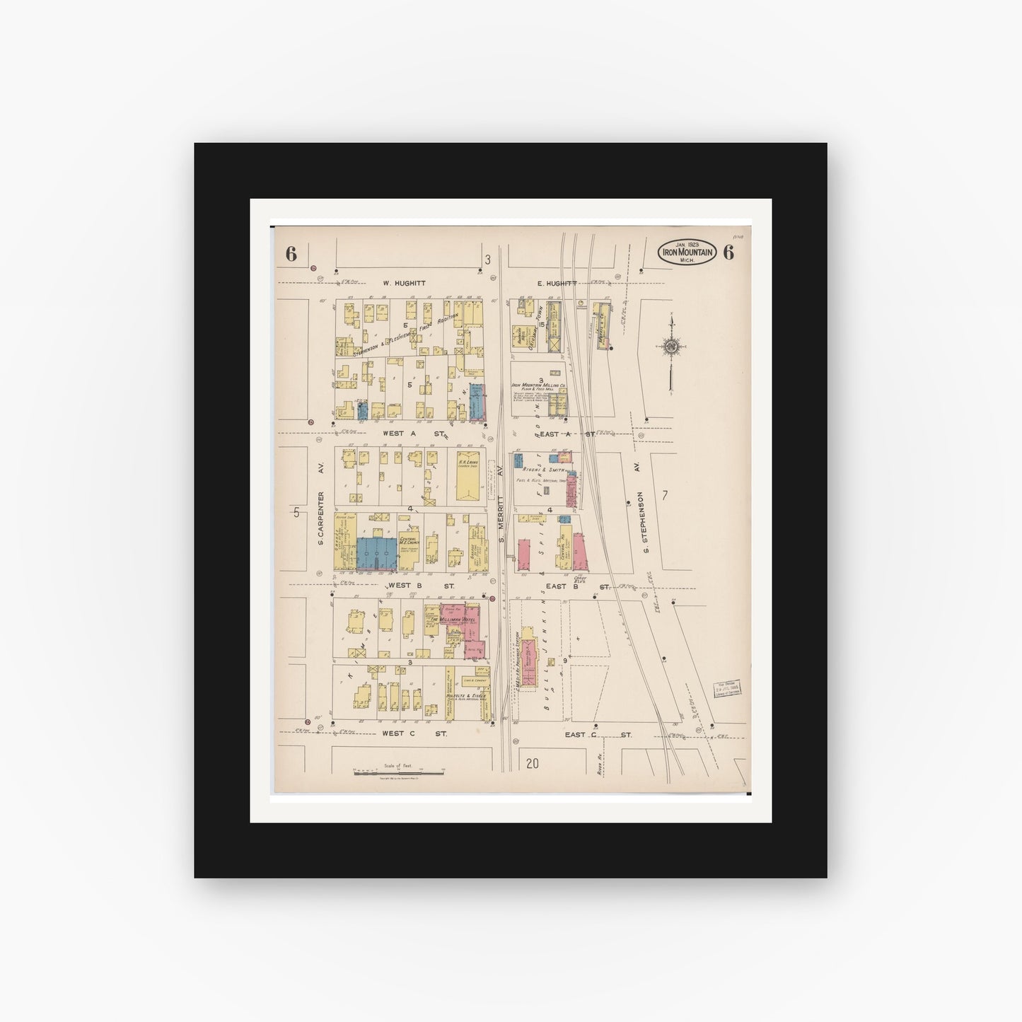 Old map wall art mockup — black gallery frame with white mat — Sanborn Fire Insurance Map from Iron Mountain, Dickinson County, Michigan (1923), Sheet #0006