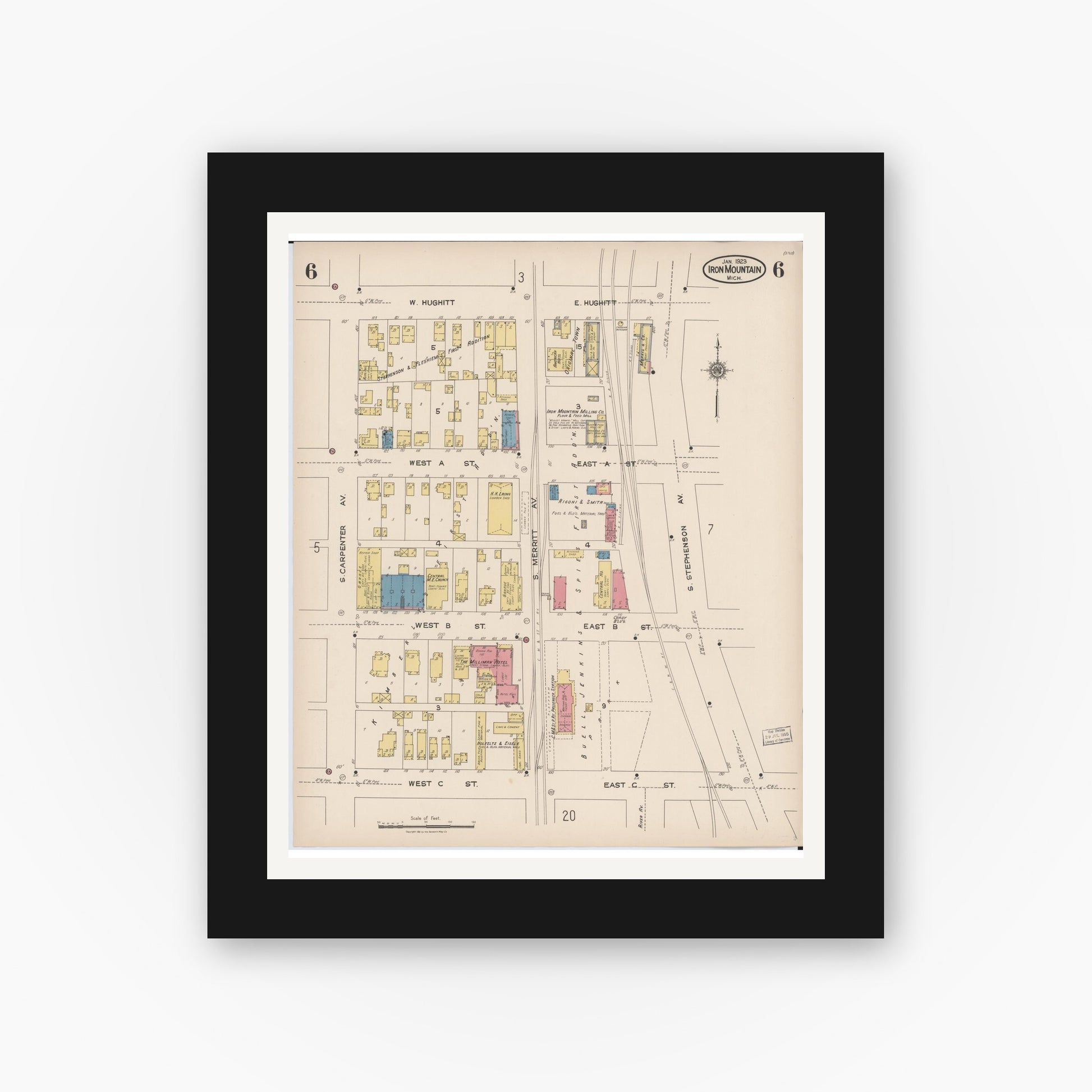 Old map wall art mockup — black gallery frame with white mat — Sanborn Fire Insurance Map from Iron Mountain, Dickinson County, Michigan (1923), Sheet #0006