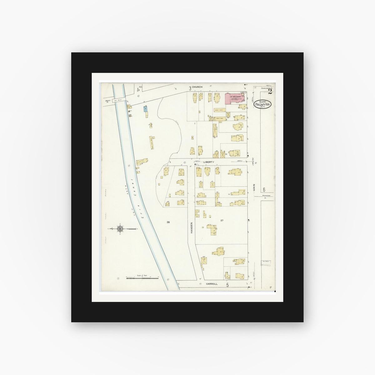 Old map wall art mockup — black gallery frame with white mat — Sanborn Fire Insurance Map from Palmyra, Wayne County, New York (1912) - Complete Map Set