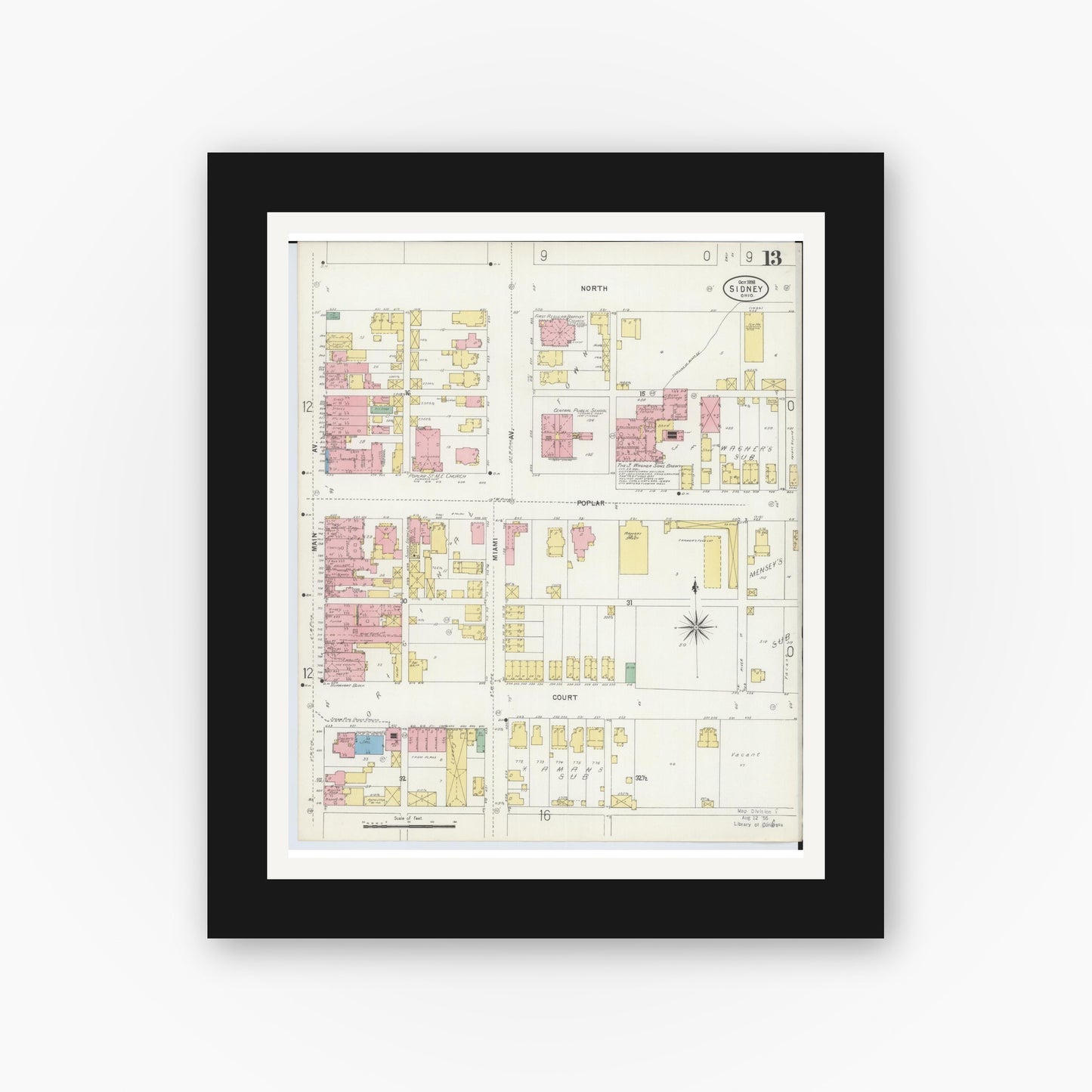 Old map wall art mockup — black gallery frame with white mat — Sanborn Fire Insurance Map from Sidney, Shelby County, Ohio (1898), Sheet #0013