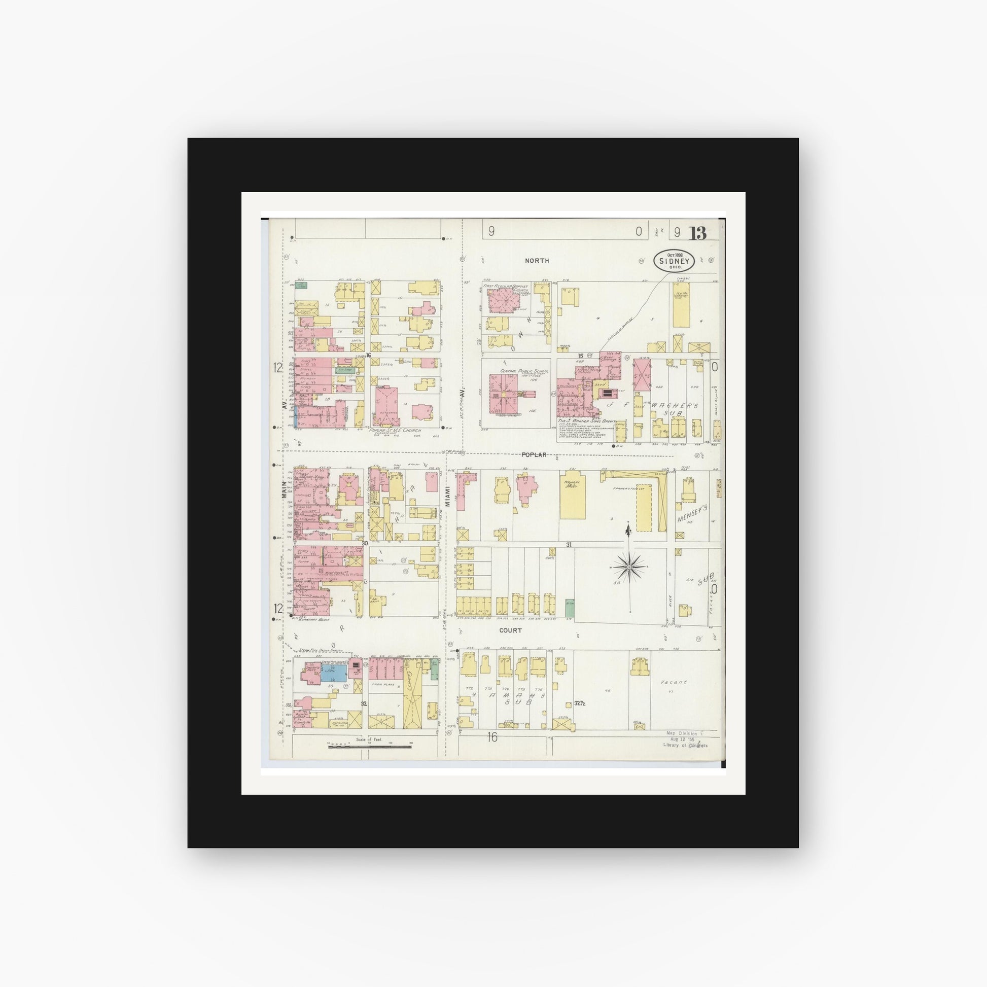 Old map wall art mockup — black gallery frame with white mat — Sanborn Fire Insurance Map from Sidney, Shelby County, Ohio (1898), Sheet #0013