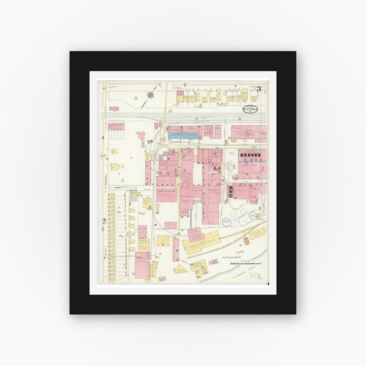 Old map wall art mockup — black gallery frame with white mat — Sanborn Fire Insurance Map from Natrona, Allegheny County, Pennsylvania (1912), Sheet #0003
