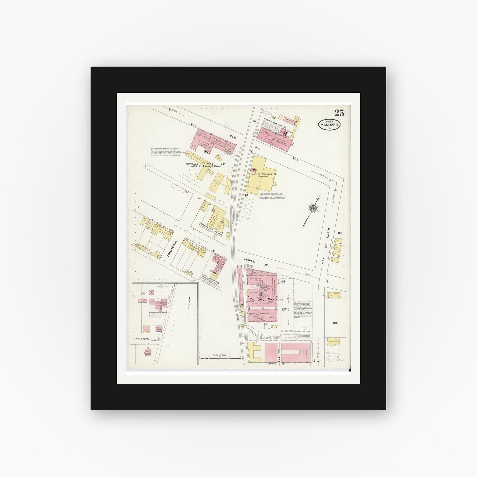 Old map wall art mockup — black gallery frame with white mat — Sanborn Fire Insurance Map from Hanover, York County, Pennsylvania (1909), Sheet #0025