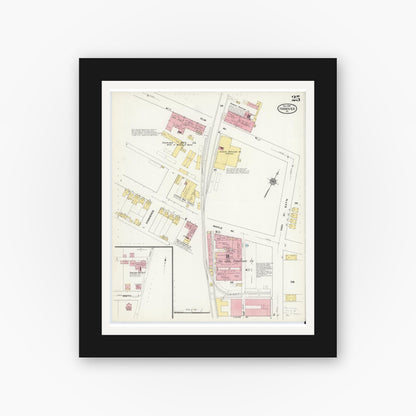 Old map wall art mockup — black gallery frame with white mat — Sanborn Fire Insurance Map from Hanover, York County, Pennsylvania (1909), Sheet #0025