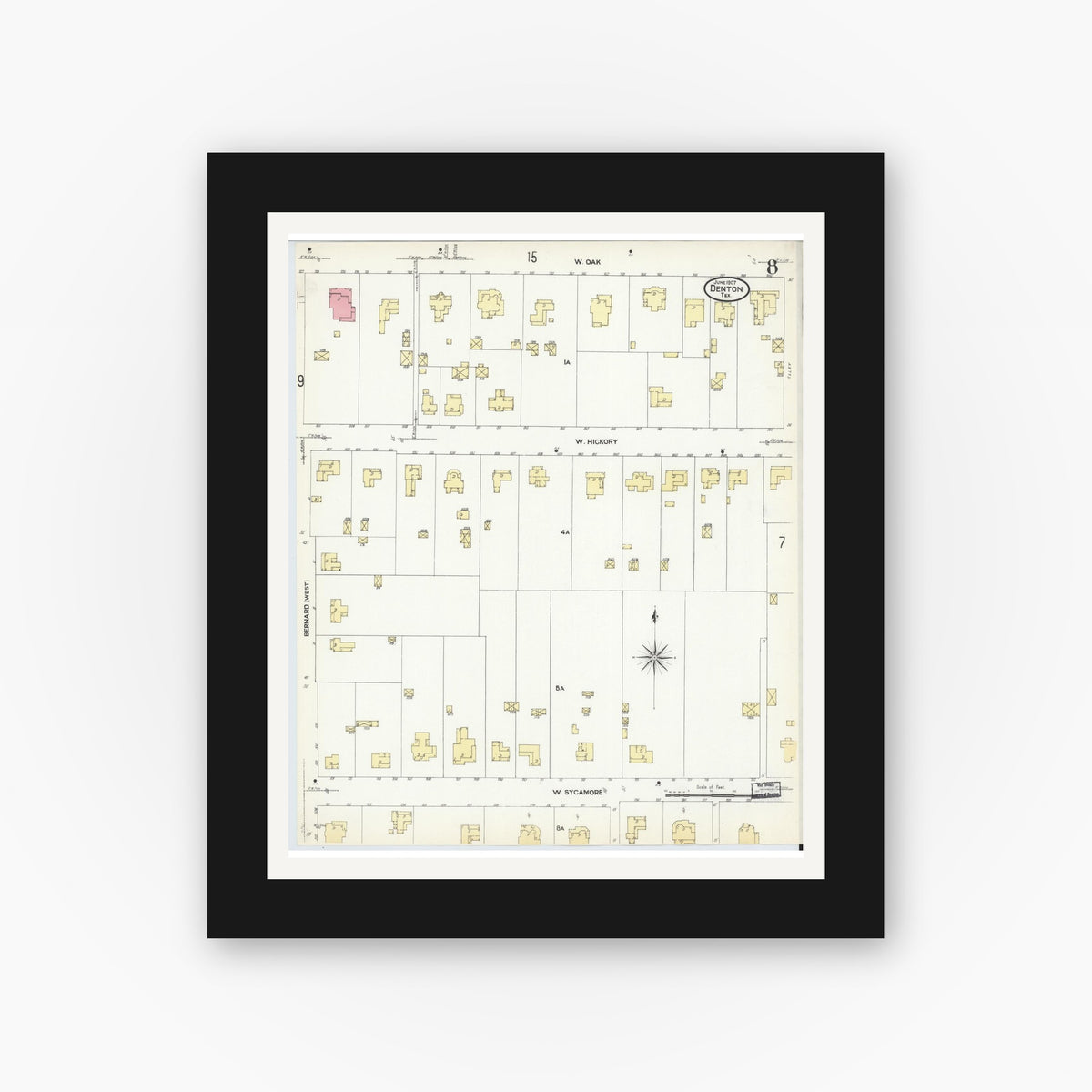 Old map wall art mockup — black gallery frame with white mat — Sanborn Fire Insurance Map from Denton, Denton County, Texas (1907), Sheet #0008