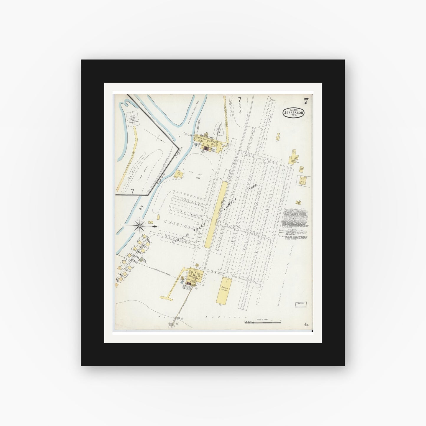 Old map wall art mockup — black gallery frame with white mat — Sanborn Fire Insurance Map from Jefferson, Marion County, Texas (1896), Sheet #0007