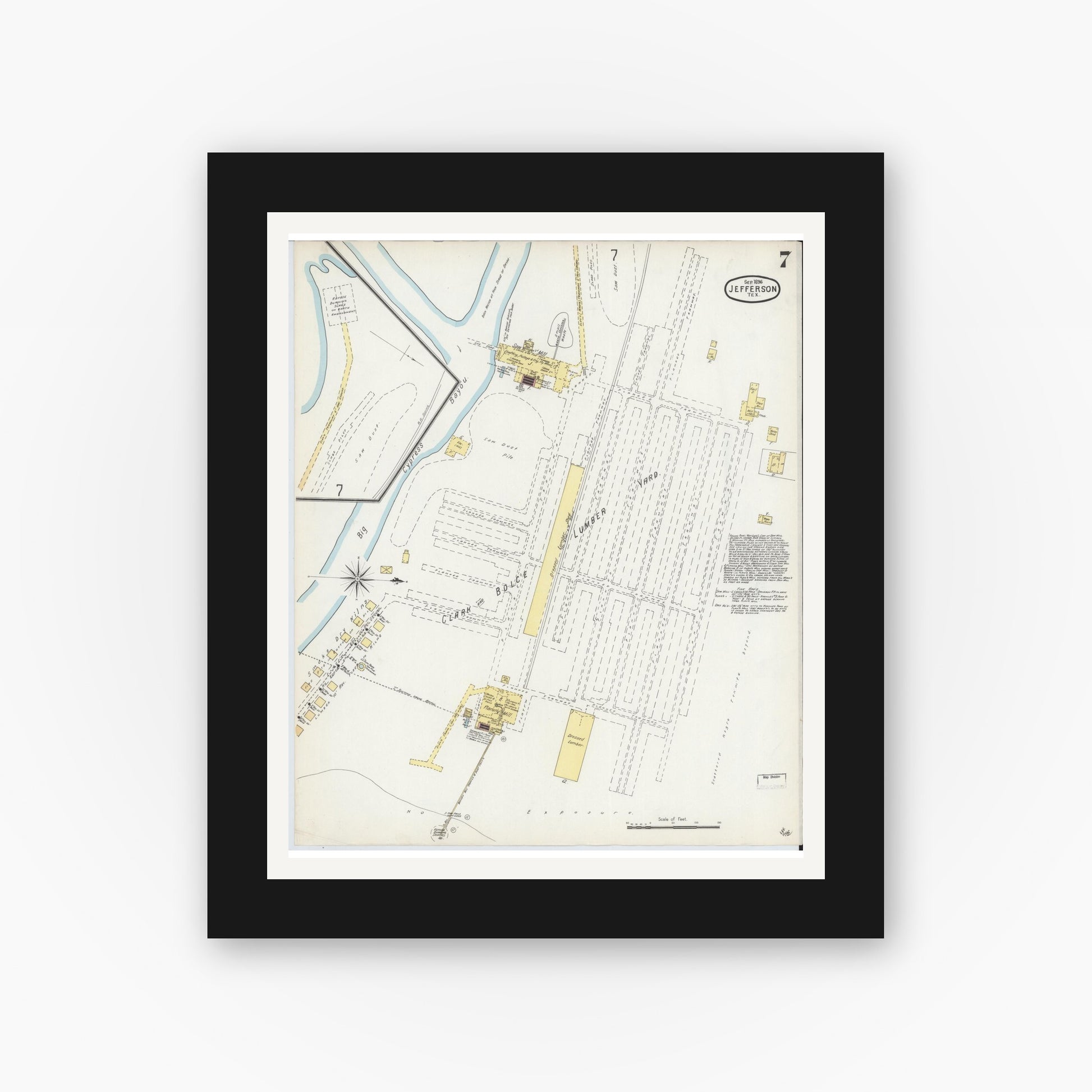 Old map wall art mockup — black gallery frame with white mat — Sanborn Fire Insurance Map from Jefferson, Marion County, Texas (1896), Sheet #0007