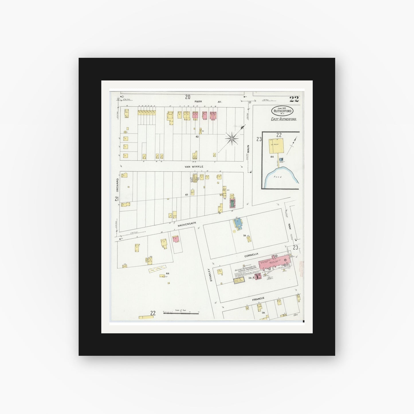 Old map wall art mockup — black gallery frame with white mat — Sanborn Fire Insurance Map from Rutherford, Bergen County, New Jersey (1909), Sheet #0022