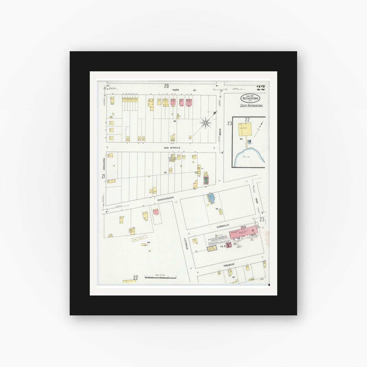 Old map wall art mockup — black gallery frame with white mat — Sanborn Fire Insurance Map from Rutherford, Bergen County, New Jersey (1909), Sheet #0022