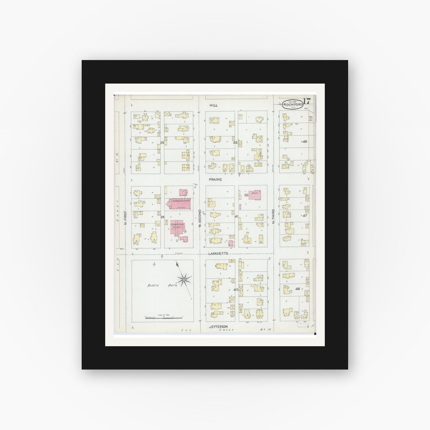 Old map wall art mockup — black gallery frame with white mat — Sanborn Fire Insurance Map from Rockford, Winnebago County, Illinois (1891), Sheet #0017