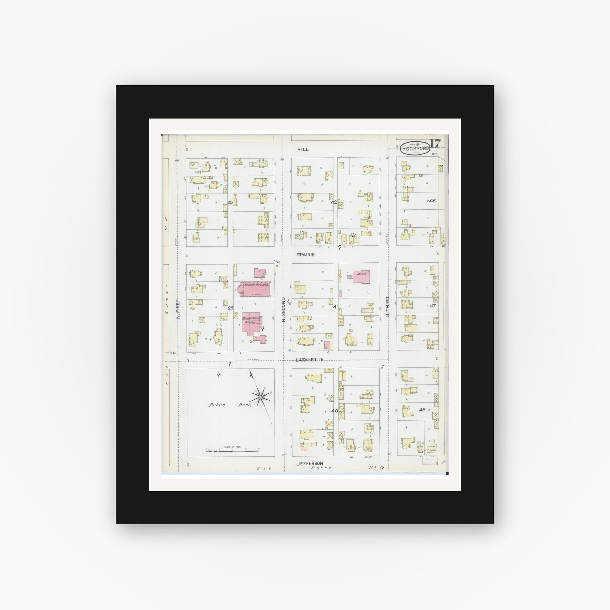 Old map wall art mockup — black gallery frame with white mat — Sanborn Fire Insurance Map from Rockford, Winnebago County, Illinois (1891), Sheet #0017