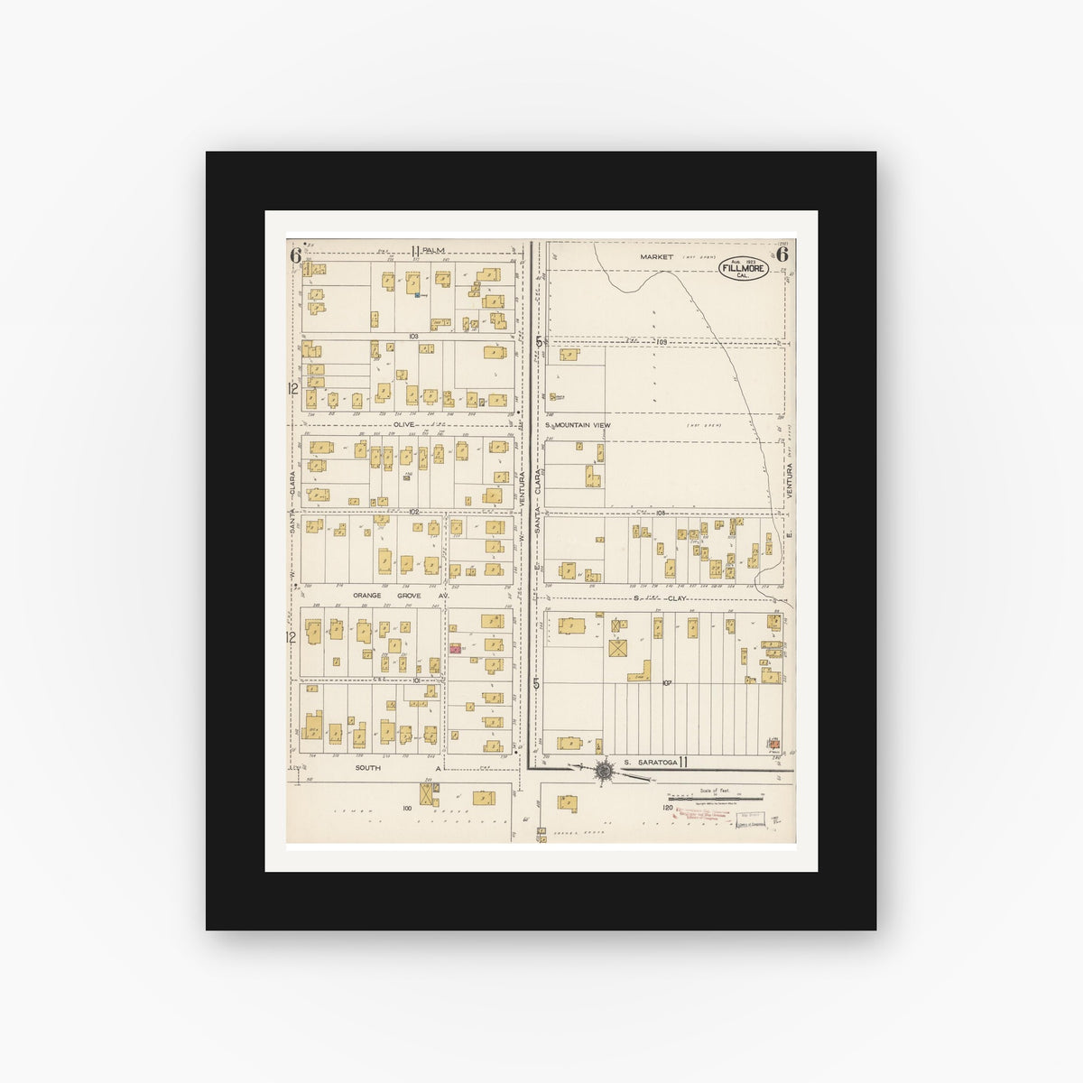Old map wall art mockup — black gallery frame with white mat — Sanborn Fire Insurance Map from Fillmore, Ventura County, California (1923), Sheet #0006