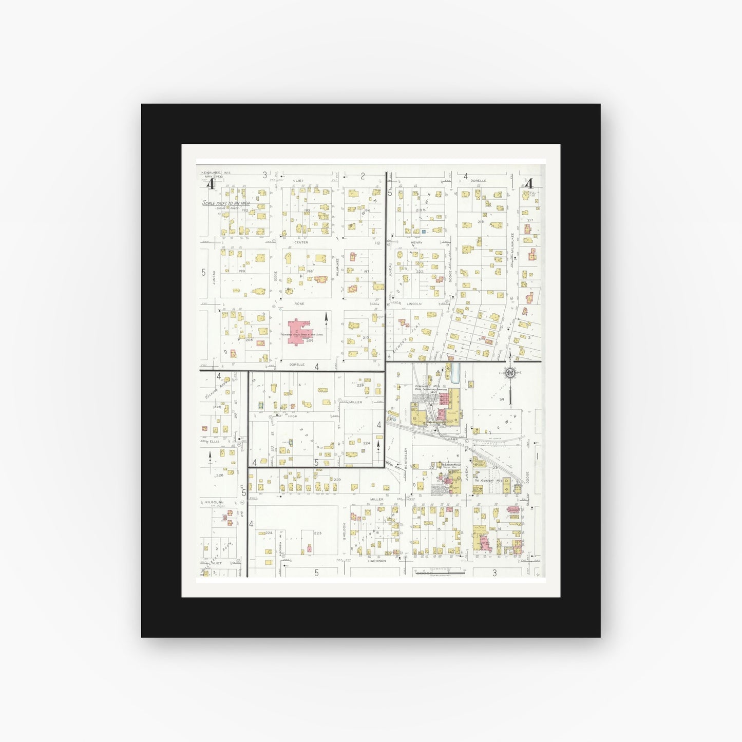 Old map wall art mockup — black gallery frame with white mat — Sanborn Fire Insurance Map from Kewaunee, Kewaunee County, Wisconsin (1933), Sheet #0004