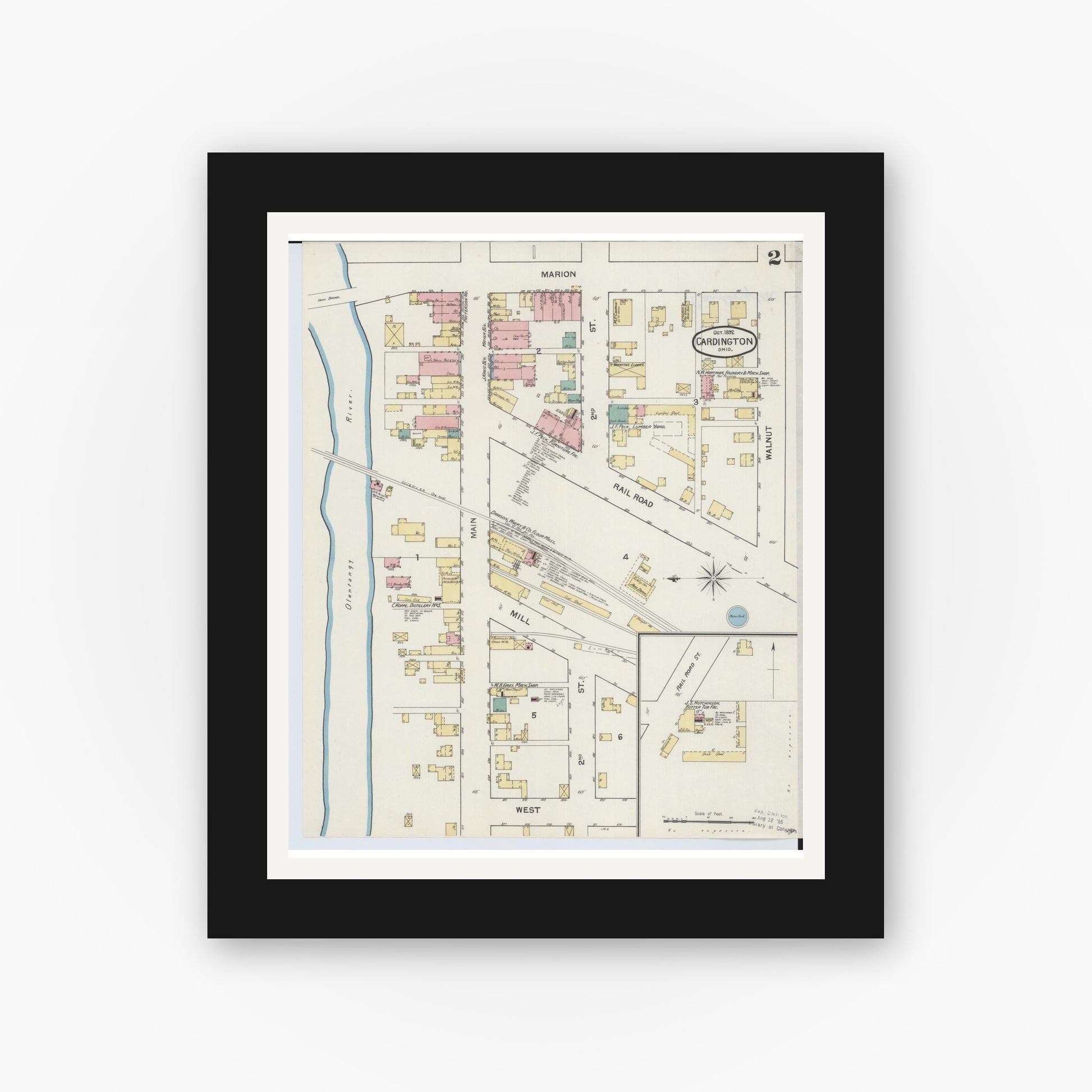 Old map wall art mockup — black gallery frame with white mat — Sanborn Fire Insurance Map from Cardington, Morrow County, Ohio (1892), Sheet #0002
