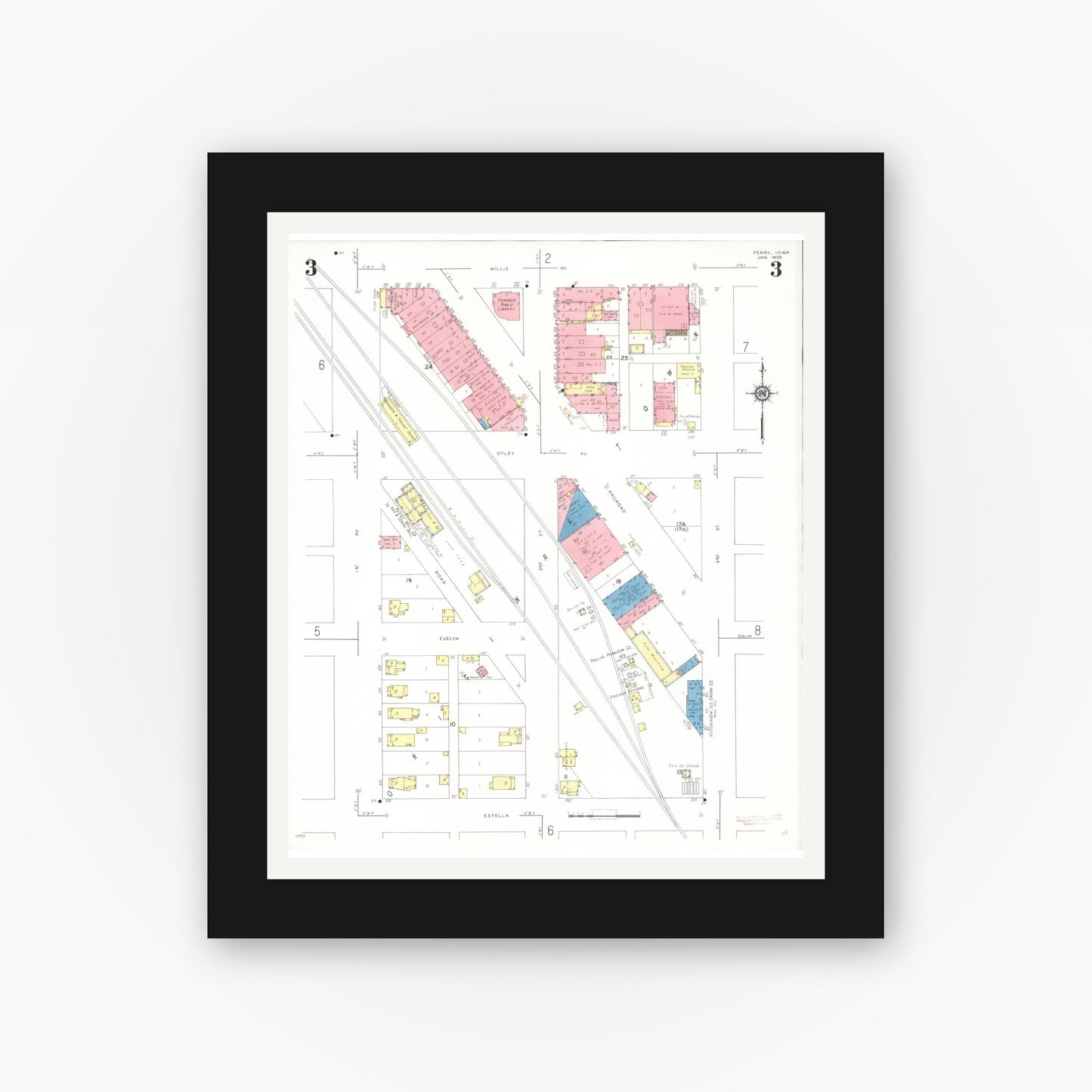 Old map wall art mockup — black gallery frame with white mat — Sanborn Fire Insurance Map from Perry, Dallas County, Iowa (1933), Sheet #0003