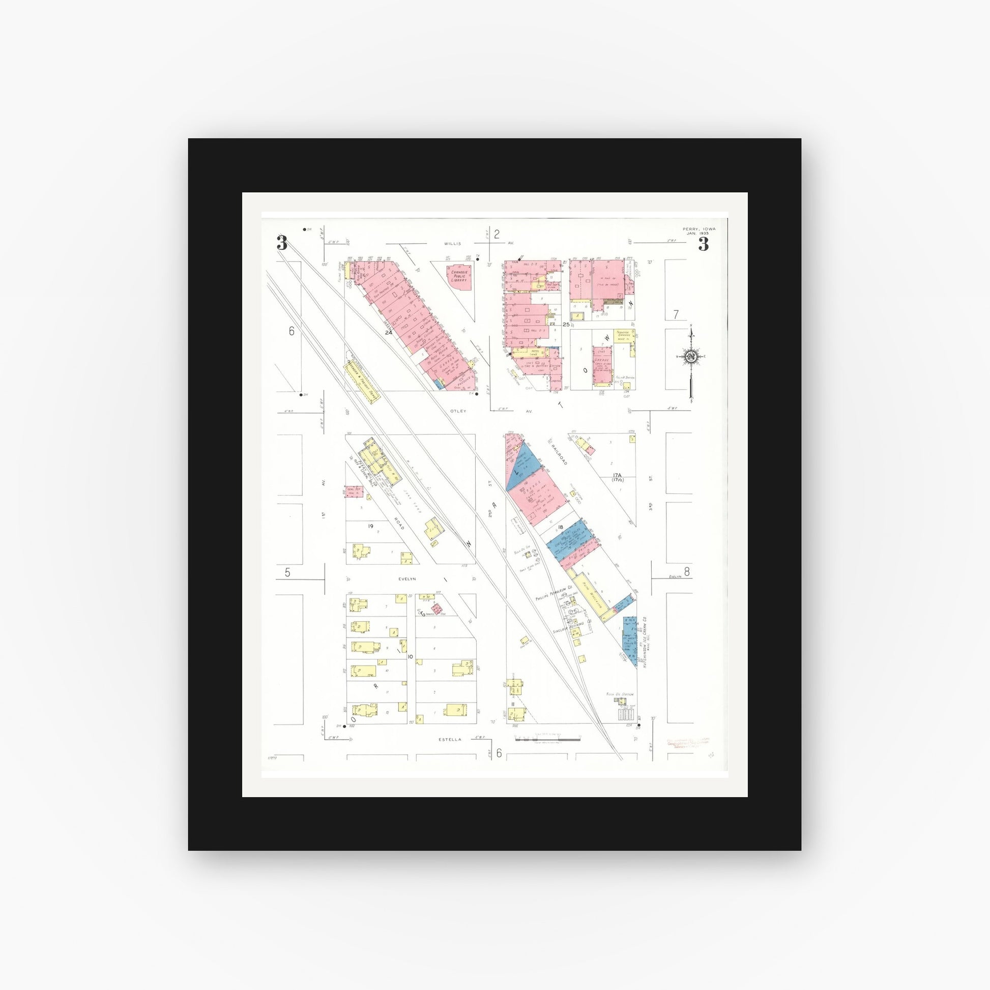 Old map wall art mockup — black gallery frame with white mat — Sanborn Fire Insurance Map from Perry, Dallas County, Iowa (1933), Sheet #0003