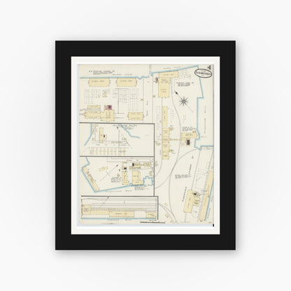 Old map wall art mockup — black gallery frame with white mat — Sanborn Fire Insurance Map from Elizabeth City, Pasquotank County, North Carolina (1891), Sheet #0004