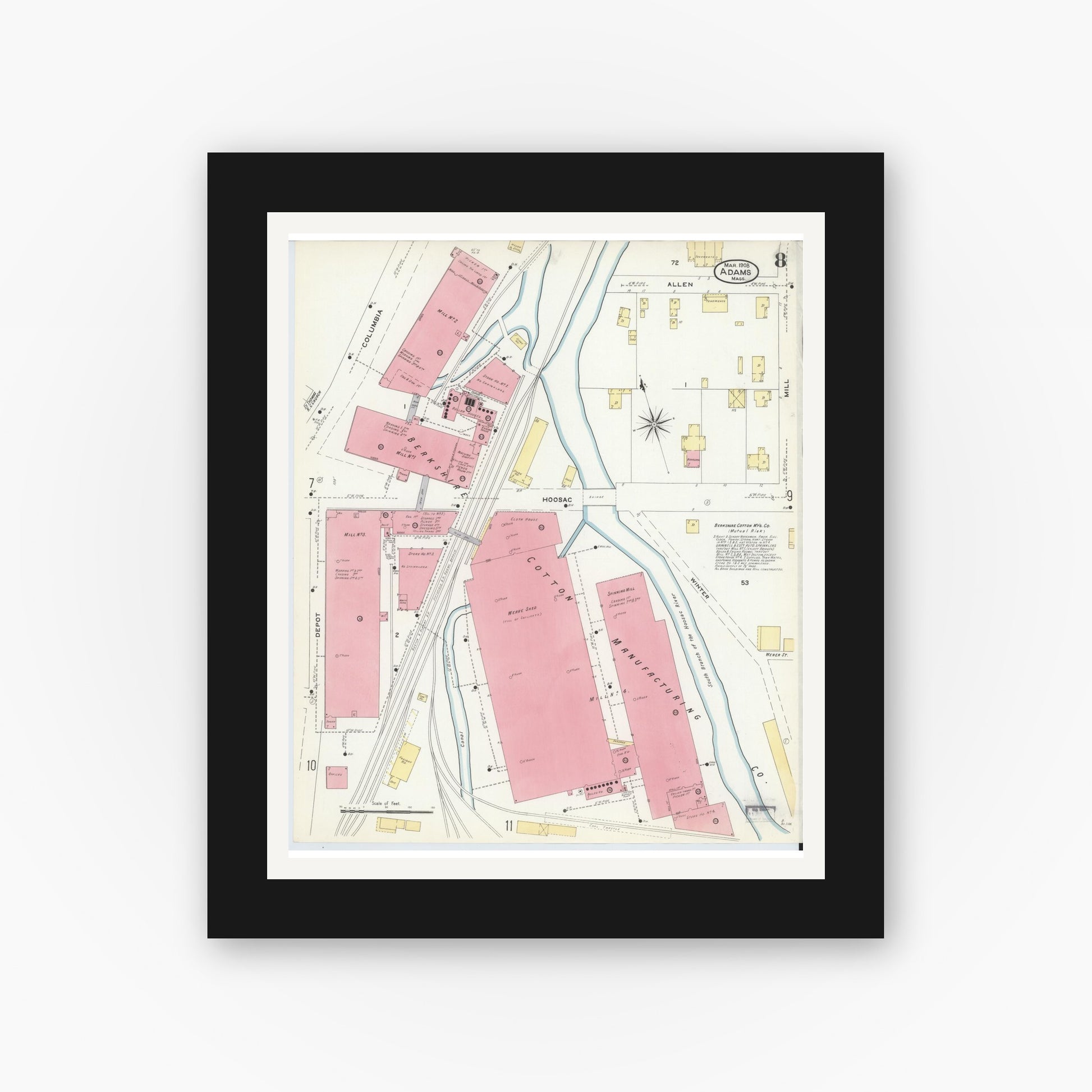 Old map wall art mockup — black gallery frame with white mat — Sanborn Fire Insurance Map from Adams, Berkshire County, Massachusetts (1908), Sheet #0008