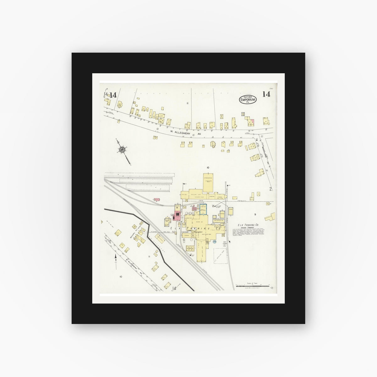Old map wall art mockup — black gallery frame with white mat — Sanborn Fire Insurance Map from Emporium, Cameron County, Pennsylvania (1925), Sheet #0014
