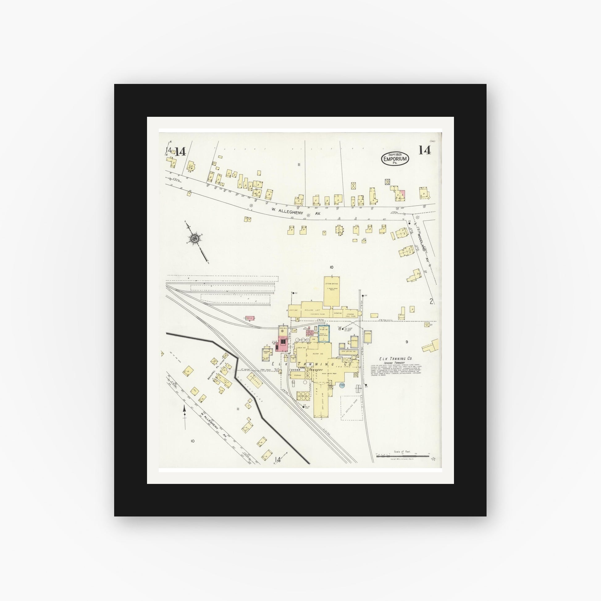 Old map wall art mockup — black gallery frame with white mat — Sanborn Fire Insurance Map from Emporium, Cameron County, Pennsylvania (1925), Sheet #0014