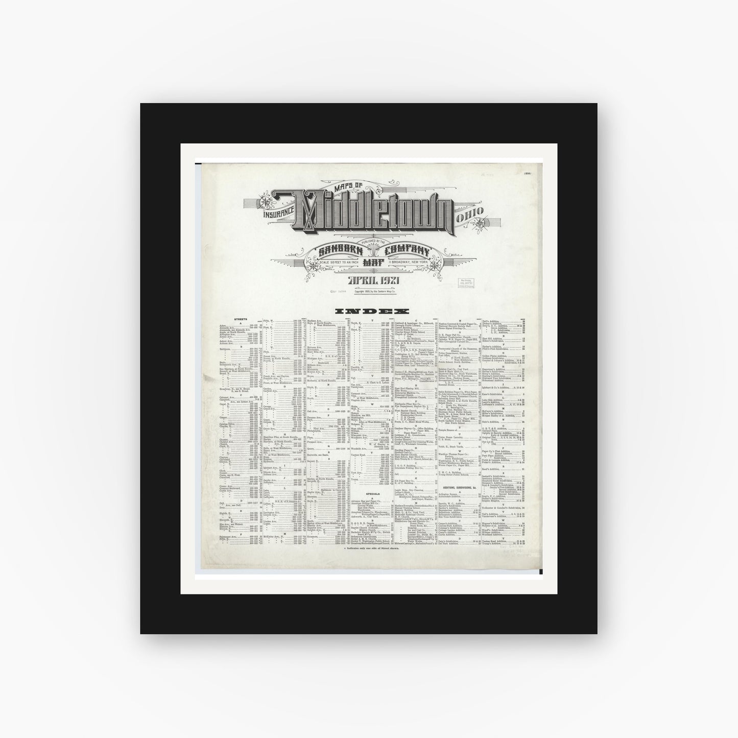 Old map wall art mockup — black gallery frame with white mat — Sanborn Fire Insurance Map from Middletown, Butler County, Ohio (1921), Sheet #0001