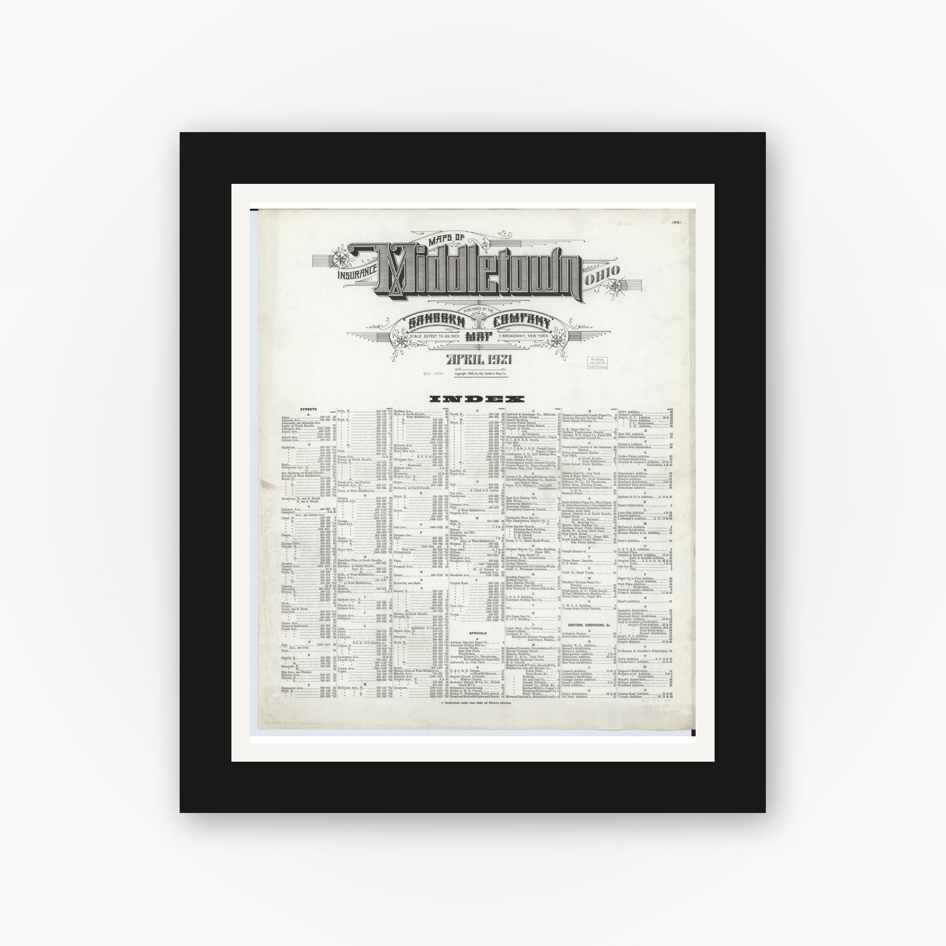 Old map wall art mockup — black gallery frame with white mat — Sanborn Fire Insurance Map from Middletown, Butler County, Ohio (1921), Sheet #0001