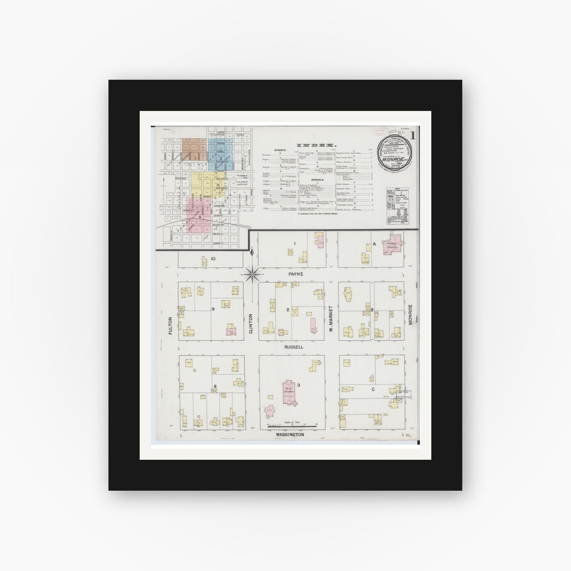Old map wall art mockup — black gallery frame with white mat — Sanborn Fire Insurance Map from Monroe, Green County, Wisconsin (1889), Sheet #0001