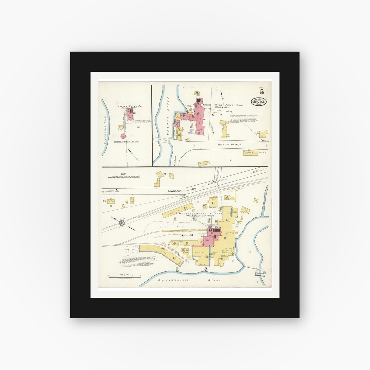 Old map wall art mockup — black gallery frame with white mat — Sanborn Fire Insurance Map from Groton, Middlesex County, Massachusetts (1921), Sheet #0005