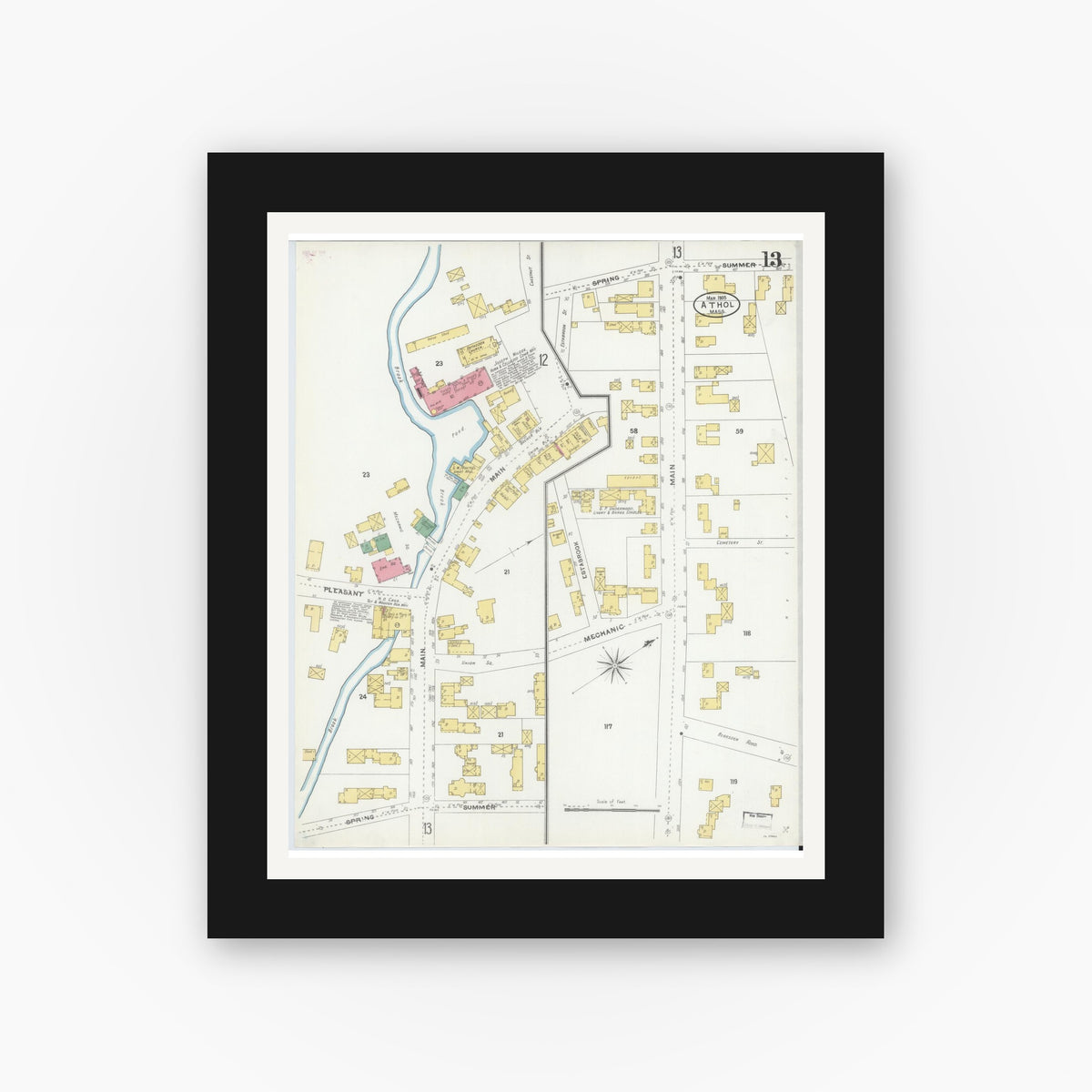 Old map wall art mockup — black gallery frame with white mat — Sanborn Fire Insurance Map from Athol, Worcester County, Massachusetts (1905), Sheet #0013