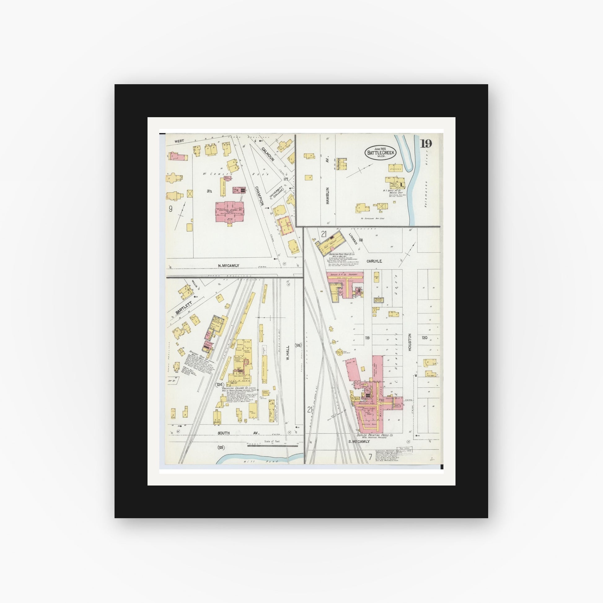 Old map wall art mockup — black gallery frame with white mat — Sanborn Fire Insurance Map from Battle Creek, Calhoun County, Michigan (1902), Sheet #0019