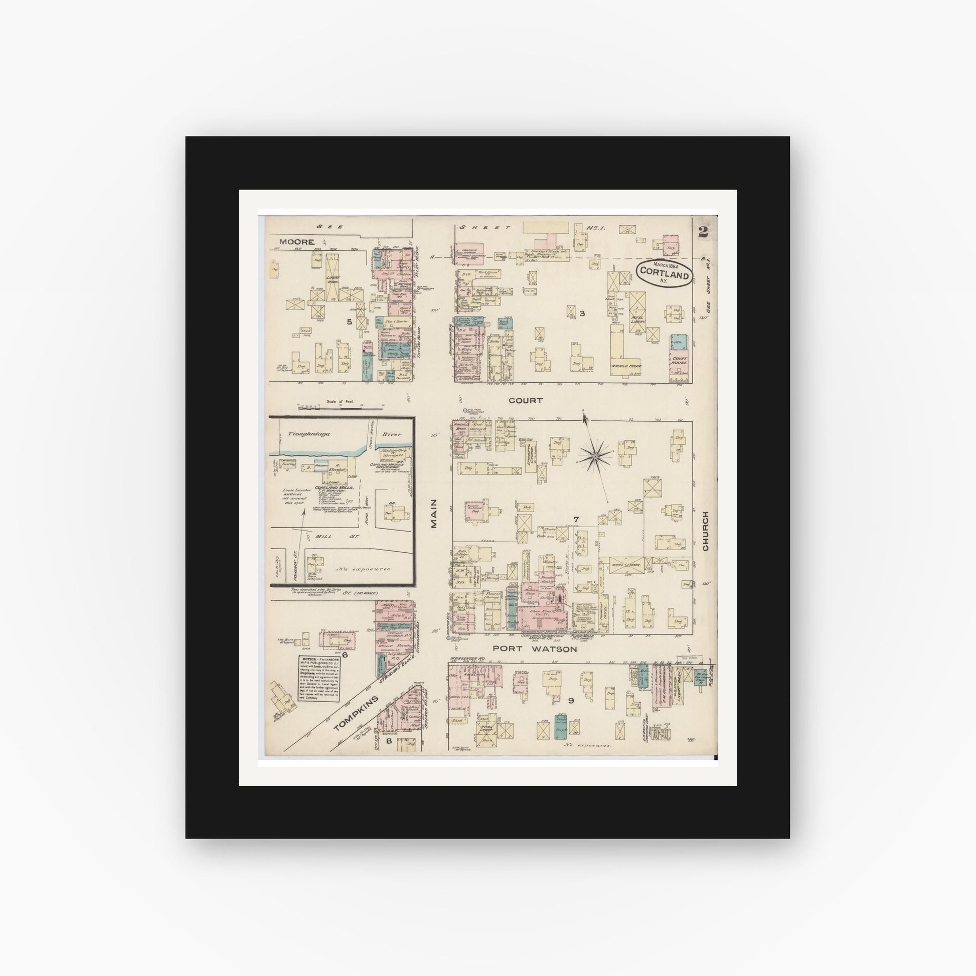 Old map wall art mockup — black gallery frame with white mat — Sanborn Fire Insurance Map from Cortland, Cortland County, New York (1884), Sheet #0002