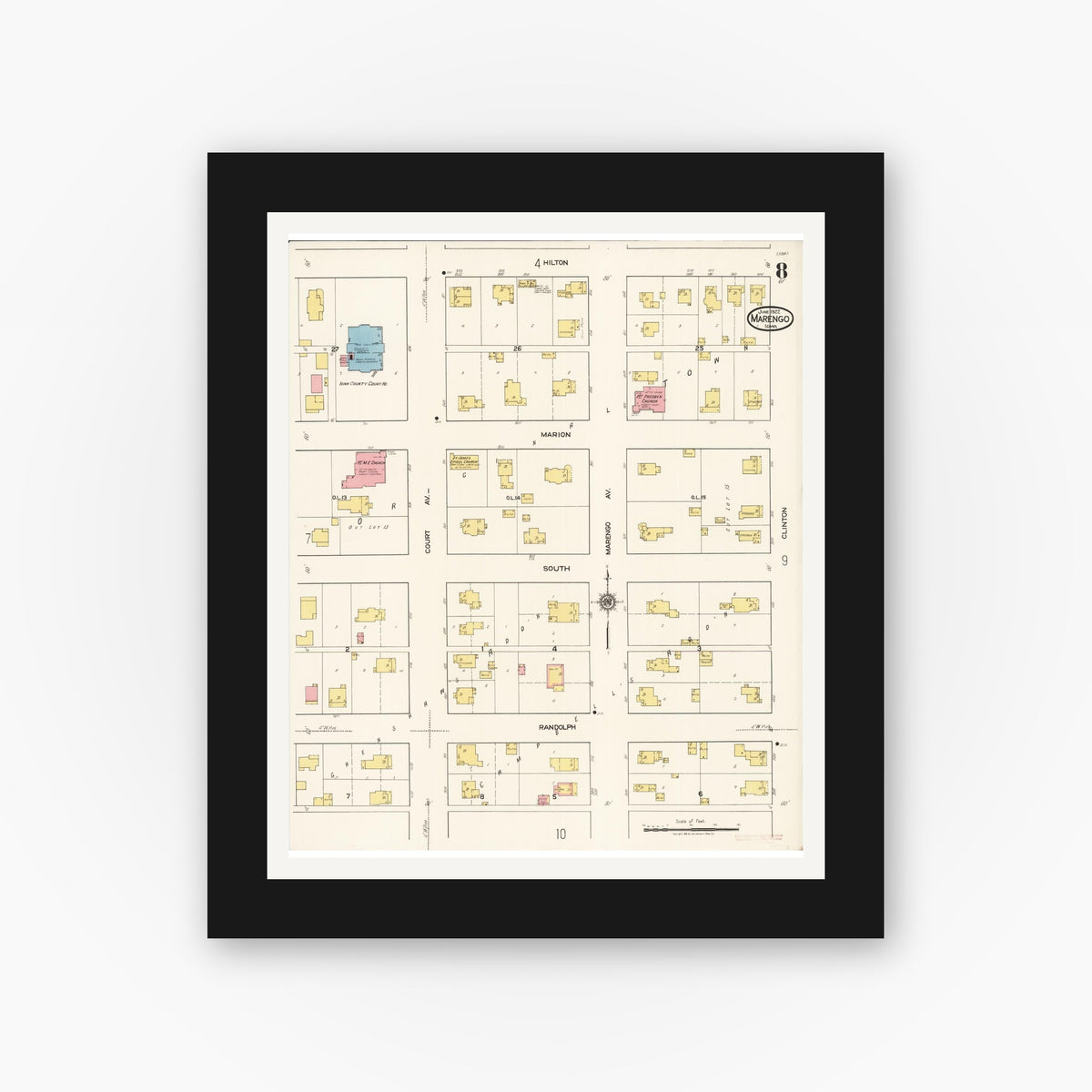 Old map wall art mockup — black gallery frame with white mat — Sanborn Fire Insurance Map from Marengo, Iowa County, Iowa (1922), Sheet #0008