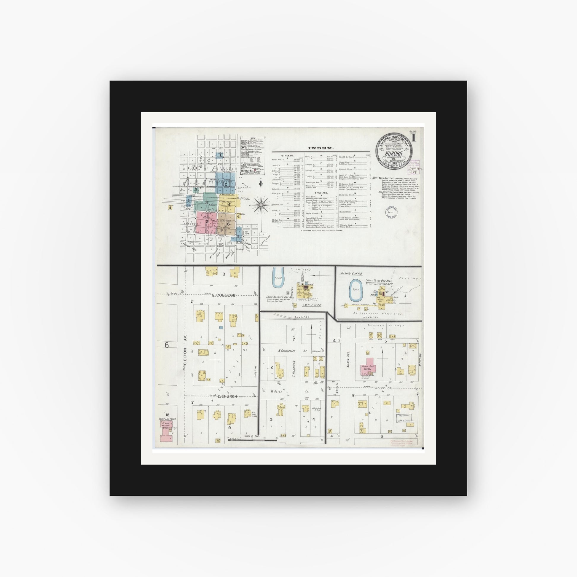 Old map wall art mockup — black gallery frame with white mat — Sanborn Fire Insurance Map from Aurora, Lawrence County, Missouri (1902) - Complete Map Set