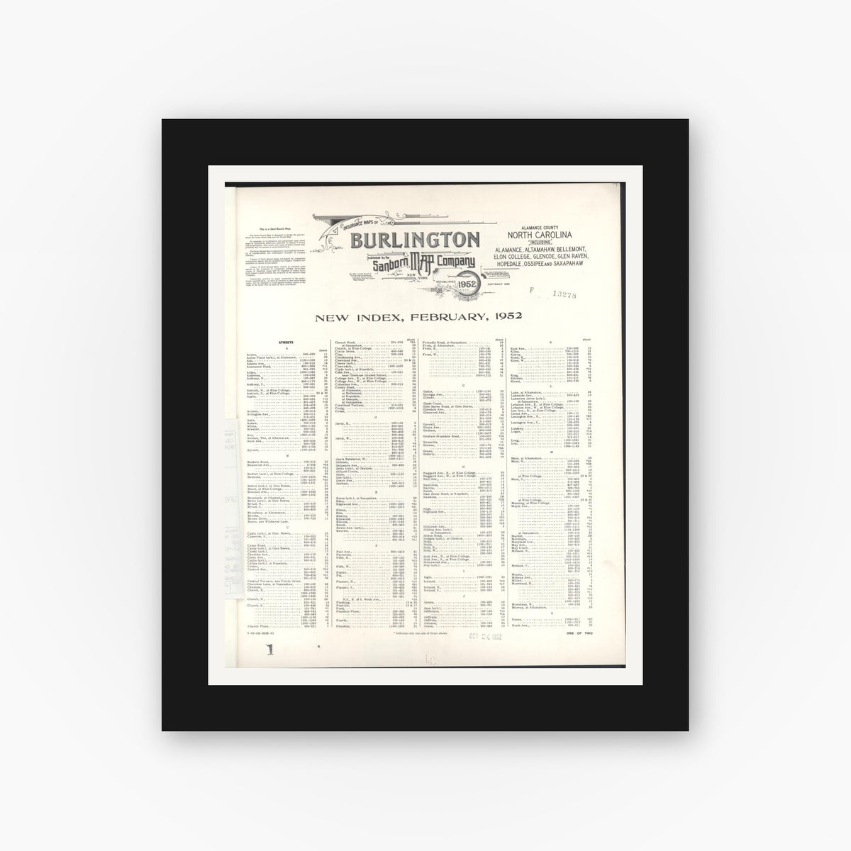 Old map wall art mockup — black gallery frame with white mat — Sanborn Fire Insurance Map from Burlington, Alamance County, North Carolina (1952), Sheet #0001