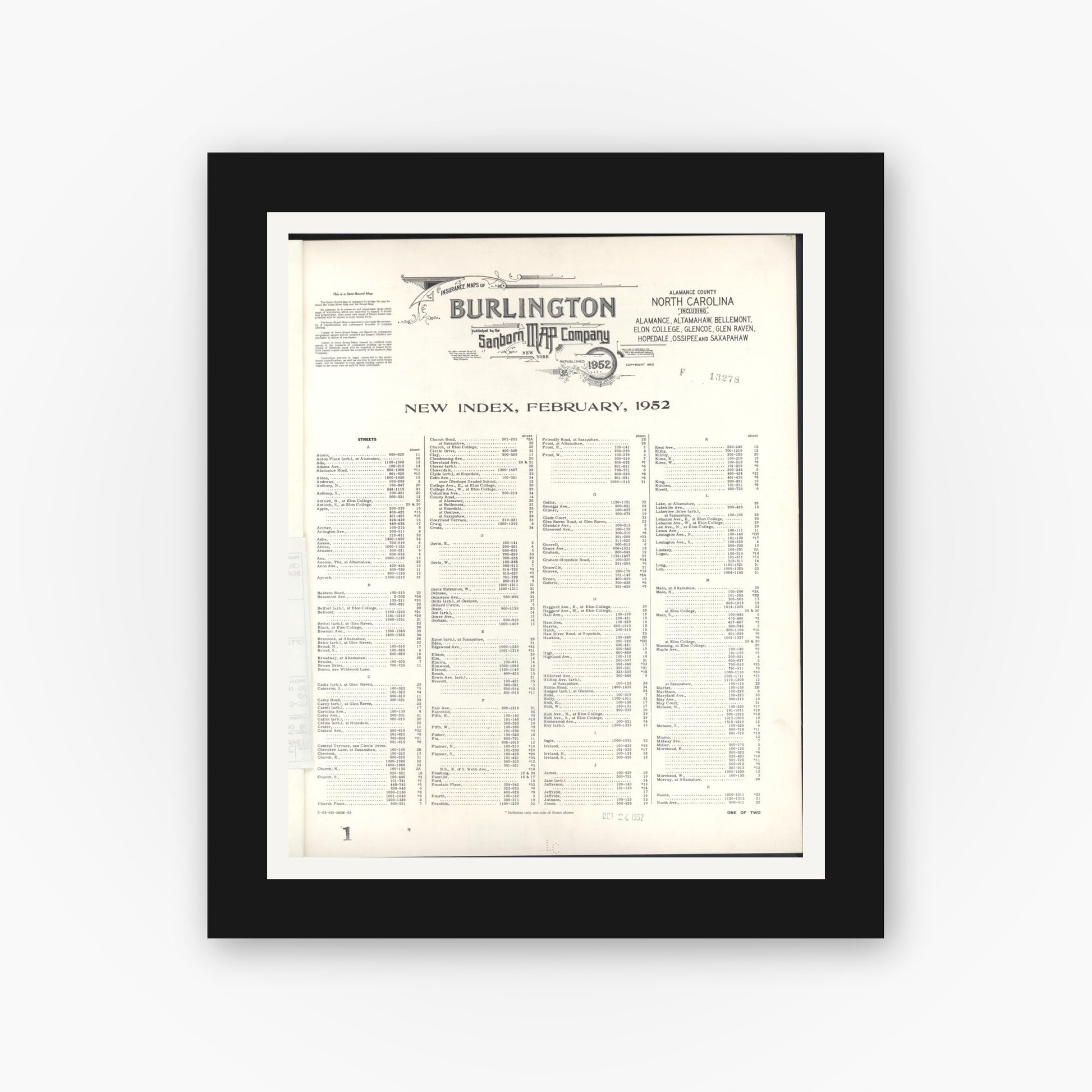 Old map wall art mockup — black gallery frame with white mat — Sanborn Fire Insurance Map from Burlington, Alamance County, North Carolina (1952), Sheet #0001