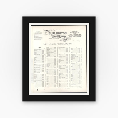 Old map wall art mockup — black gallery frame with white mat — Sanborn Fire Insurance Map from Burlington, Alamance County, North Carolina (1952), Sheet #0001