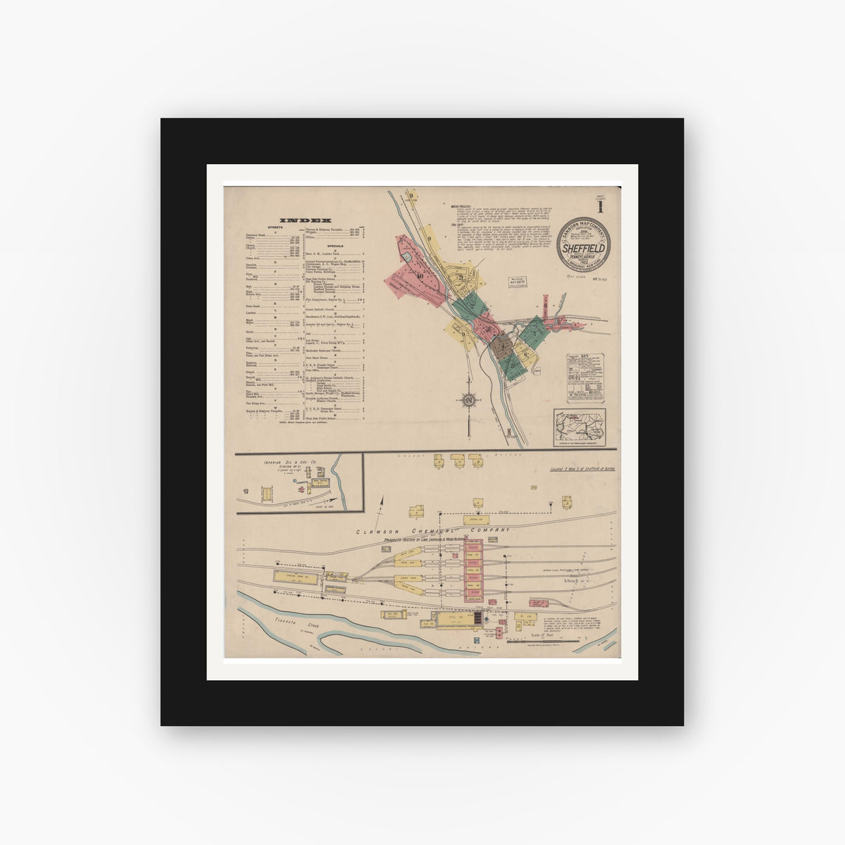 Old map wall art mockup — black gallery frame with white mat — Sanborn Fire Insurance Map from Sheffield, Warren County, Pennsylvania (1922), Sheet #0001
