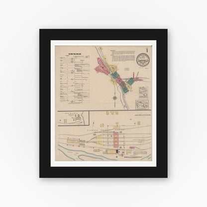 Old map wall art mockup — black gallery frame with white mat — Sanborn Fire Insurance Map from Sheffield, Warren County, Pennsylvania (1922), Sheet #0001
