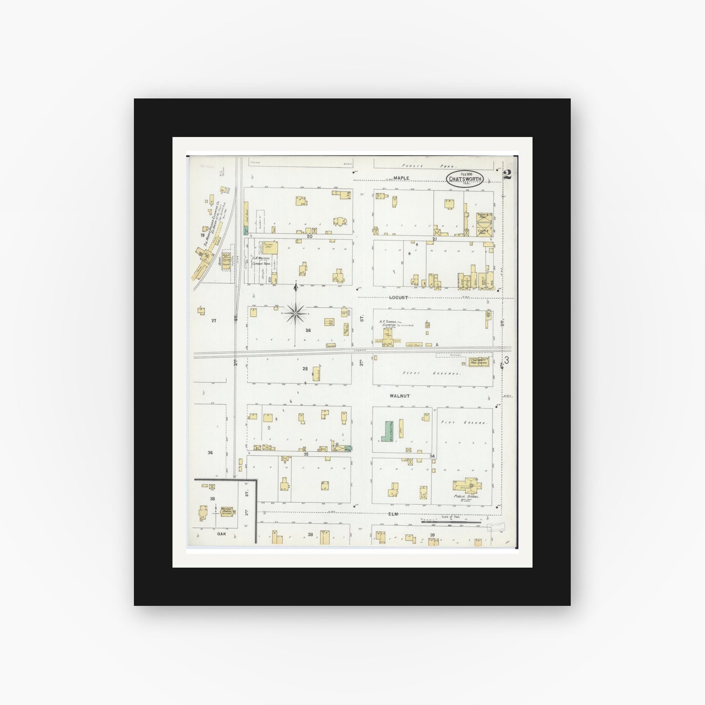 Old map wall art mockup — black gallery frame with white mat — Sanborn Fire Insurance Map from Chatsworth, Livingston County, Illinois (1899), Sheet #0002
