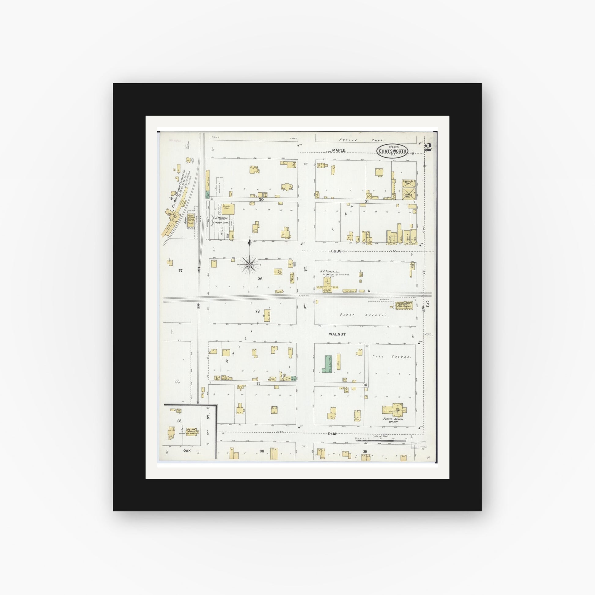 Old map wall art mockup — black gallery frame with white mat — Sanborn Fire Insurance Map from Chatsworth, Livingston County, Illinois (1899), Sheet #0002