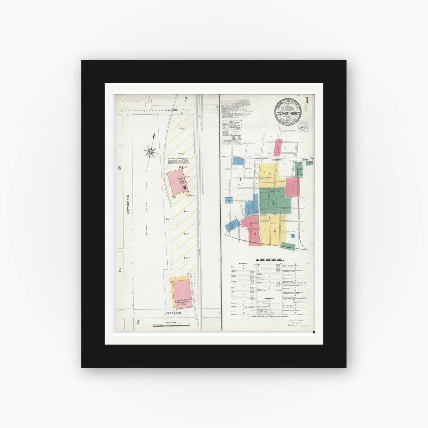 Old map wall art mockup — black gallery frame with white mat — Sanborn Fire Insurance Map from Sulphur Springs, Hopkins County, Texas (1903), Sheet #0001