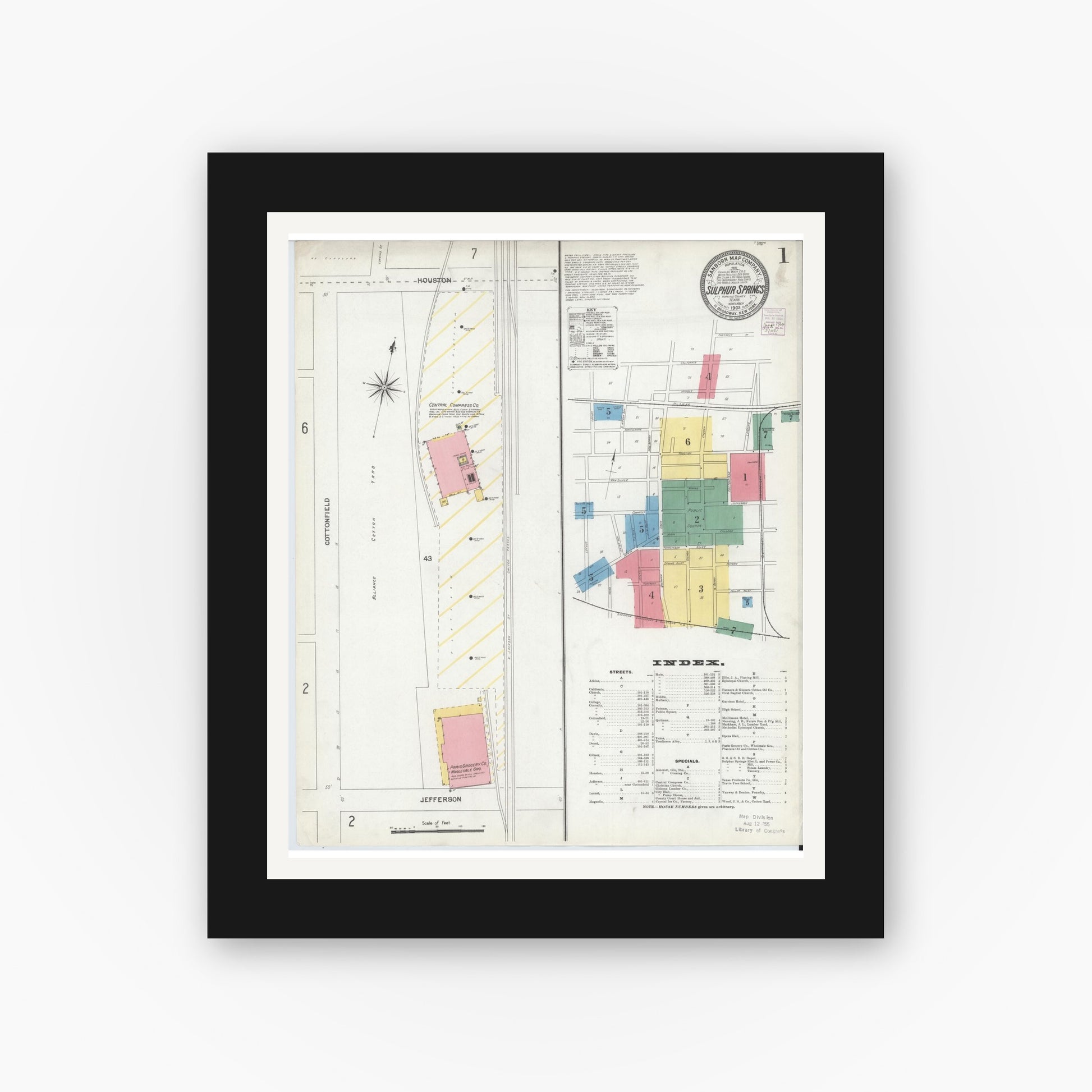 Old map wall art mockup — black gallery frame with white mat — Sanborn Fire Insurance Map from Sulphur Springs, Hopkins County, Texas (1903), Sheet #0001