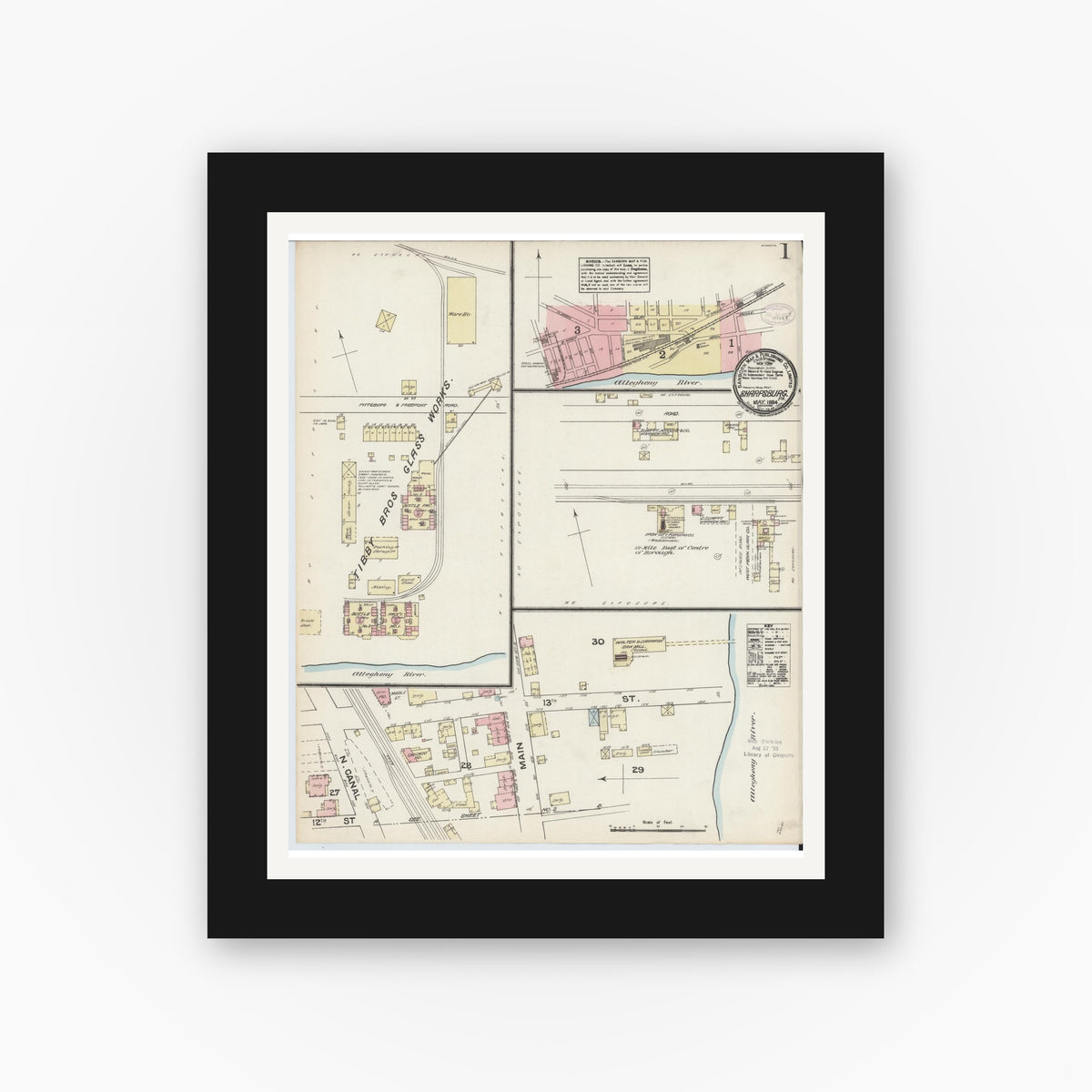 Old map wall art mockup — black gallery frame with white mat — Sanborn Fire Insurance Map from Sharpsburg, Allegheny County, Pennsylvania (1884) - Complete Map Set