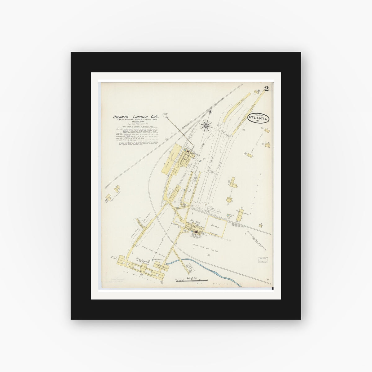 Old map wall art mockup — black gallery frame with white mat — Sanborn Fire Insurance Map from Atlanta, Cass County, Texas (1890), Sheet #0002