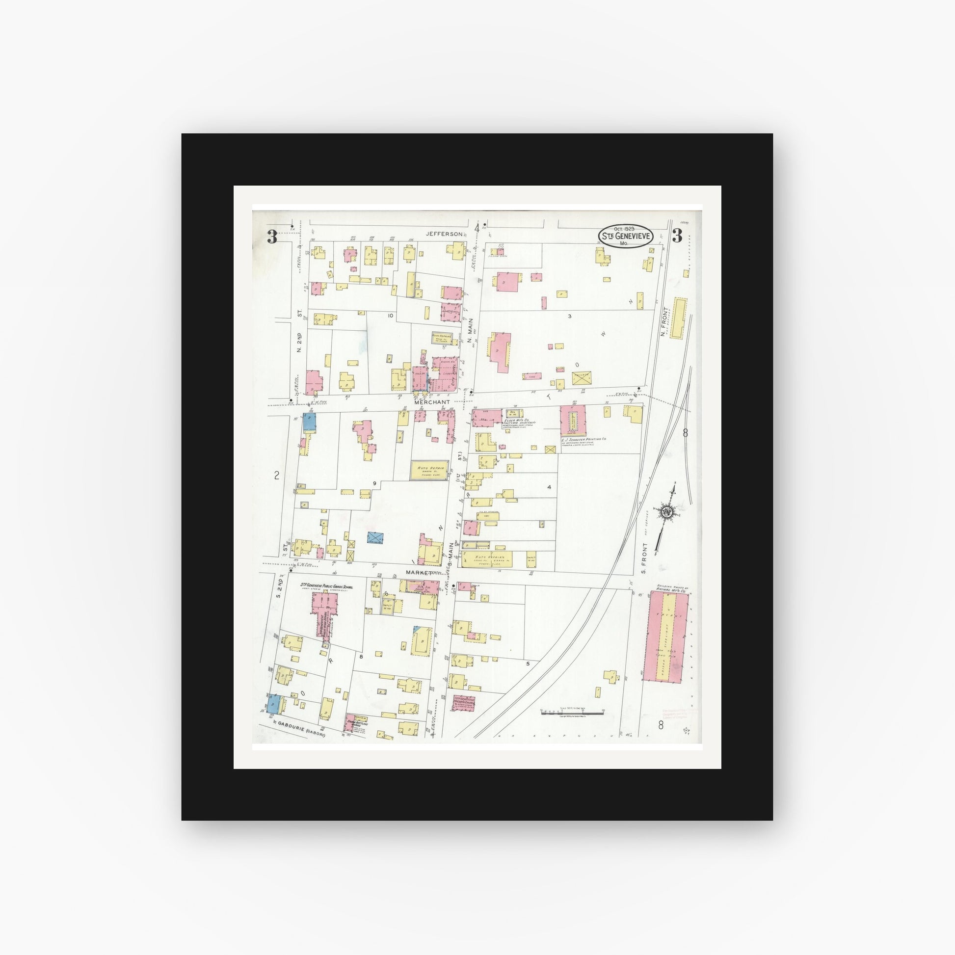 Old map wall art mockup — black gallery frame with white mat — Sanborn Fire Insurance Map from Sainte Genevieve, Saint Genevieve County, Missouri (1929), Sheet #0003