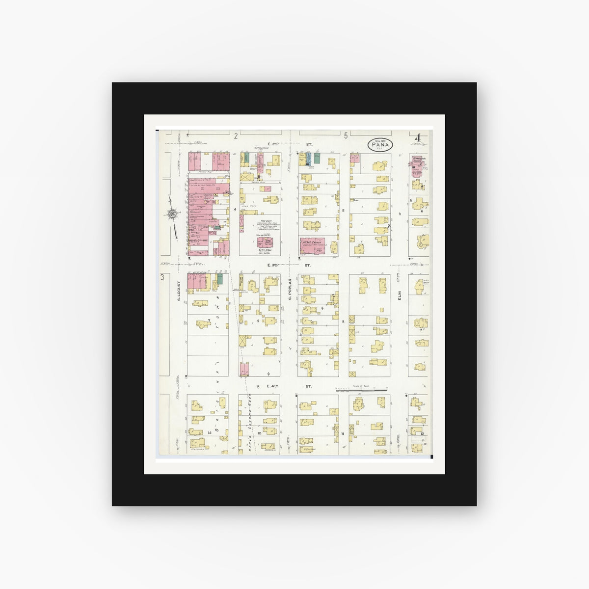 Old map wall art mockup — black gallery frame with white mat — Sanborn Fire Insurance Map from Pana, Christian County, Illinois (1909), Sheet #0004