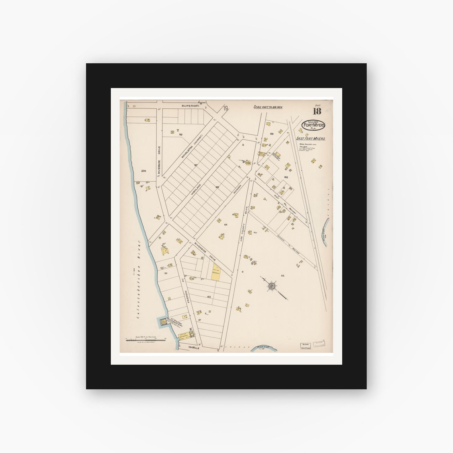 Old map wall art mockup — black gallery frame with white mat — Sanborn Fire Insurance Map from Fort Myers, Lee County, Florida (1922), Sheet #0018