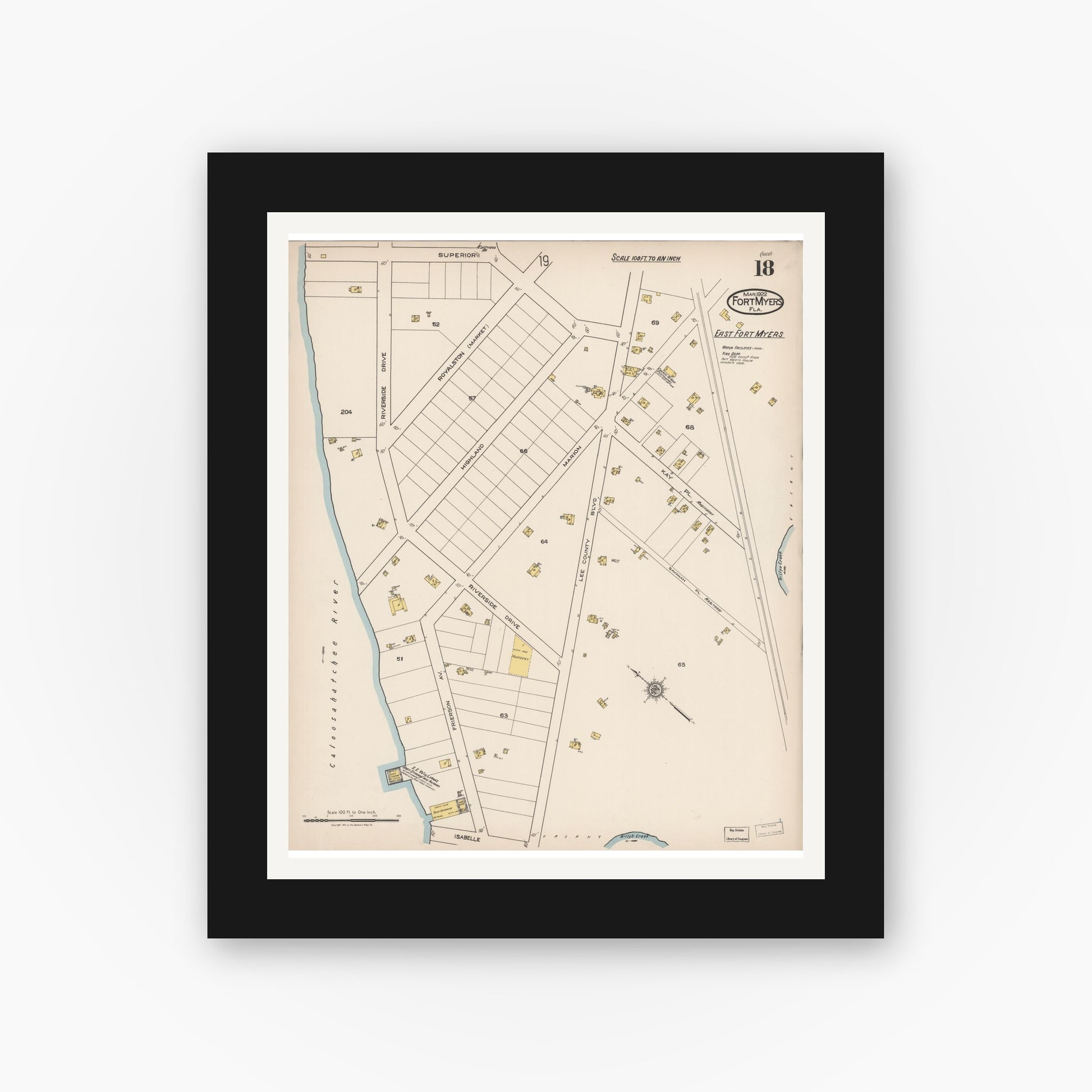 Old map wall art mockup — black gallery frame with white mat — Sanborn Fire Insurance Map from Fort Myers, Lee County, Florida (1922), Sheet #0018